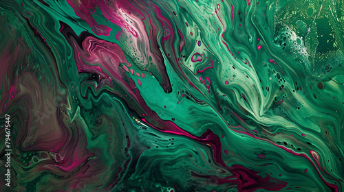 Chaotic mix of emerald green and bold magenta in a highly-textured abstract painting.