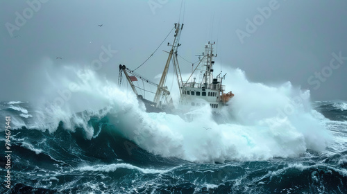 massive waves toss a crab fishing ship © Sattawat