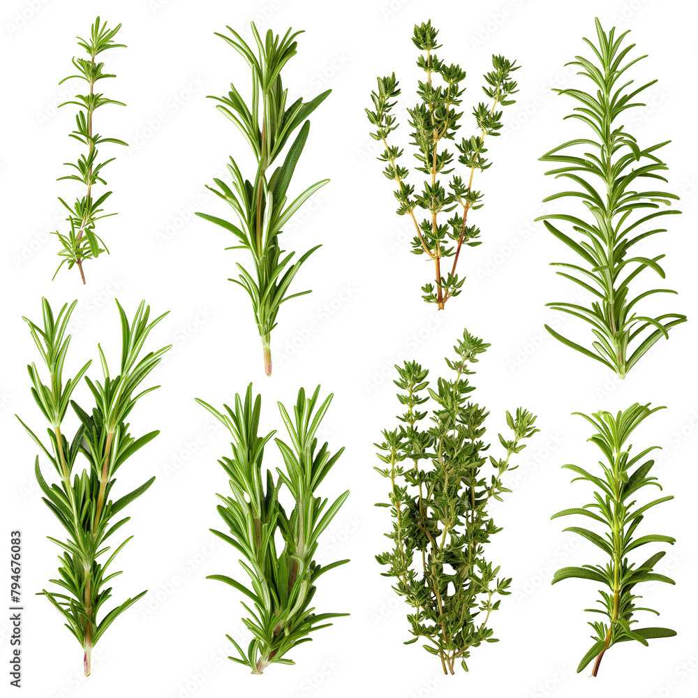 Set of branches of fresh rosemary aromatic  isolated on a transparent background