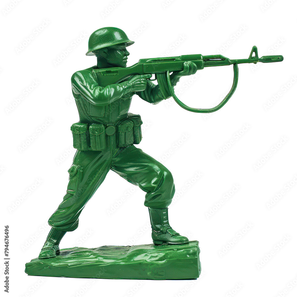 Full body of green toy soldier aiming with a rifle on transparency background PNG

