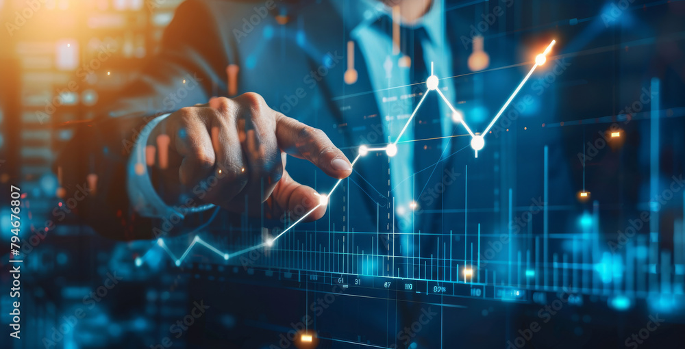 Dashboard, hand and stock market with business person in office at night for finance, growth or investment. Hologram, money and technology with broker or investor tracking portfolio profit on hud Dashboard, hand and stock market with business person in office at night for finance, growth or investment. Hologram, money and technology with broker or investor tracking portfolio profit on hud