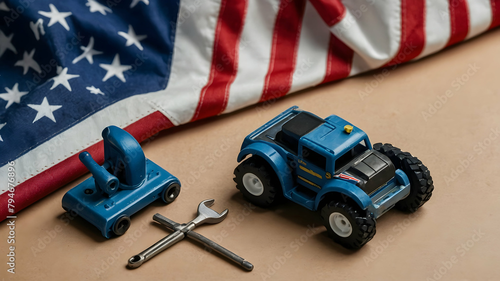 Fototapeta premium car with american flag on wooden table