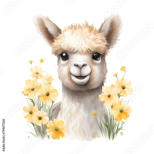 Cute alpaca with yellow flowers. Watercolor illustration.