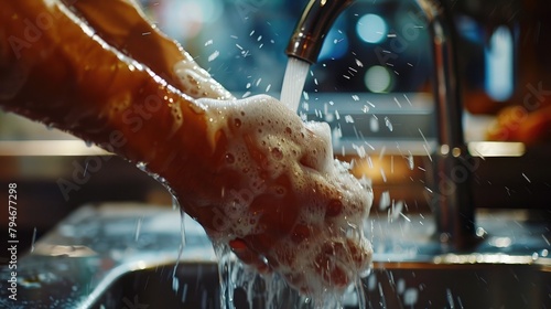 A close-up of a food handler washing their hands, emphasizing the importance of proper handwashing in food safety. photo