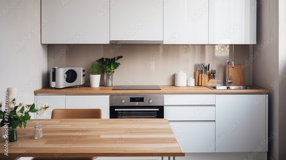 Kitchen with cooking stove, oven and table. Cabinet design in small home. Electric ceramic induction cooker. Contemporary scandinavian white decor and wood counter. Interior or condo apartment Kitchen with cooking stove, oven and table. Cabinet design in small home. Electric ceramic induction cooker. Contemporary scandinavian white decor and wood counter. Interior or condo apartment
