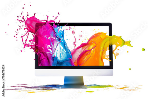 A computer monitor with a colourful liquid splash isolated on a transparent background