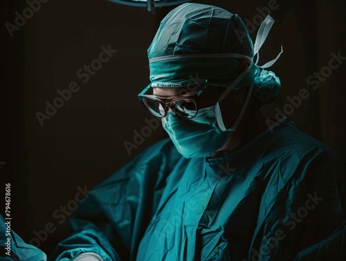 A doctor in a green lab coat and a mask is performing surgery in a surgical room.
