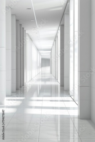 A long  narrow hallway with white walls and white flooring