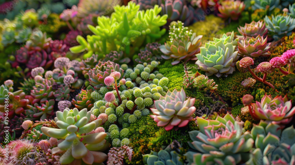 Overlooking angle, succulent, pink plants, covered, various succulent, green, tender and juicy, full, fresh, energetic