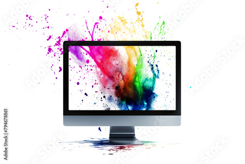 A computer monitor with a colourful liquid splash isolated on a transparent background