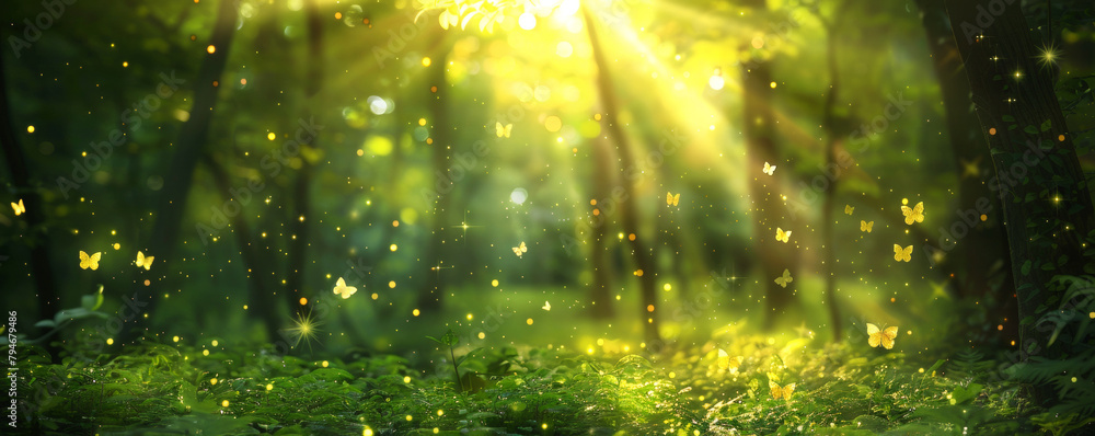 Sunny summer forest with green grass and golden bokeh lights