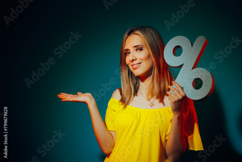 Woman Presenting with her Hand Holding Sale Sign. Cheerful promoter announcing discounts on different items

