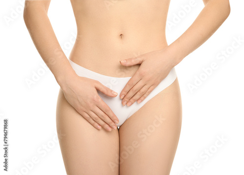 Gynecology. Woman in underwear on white background, closeup
