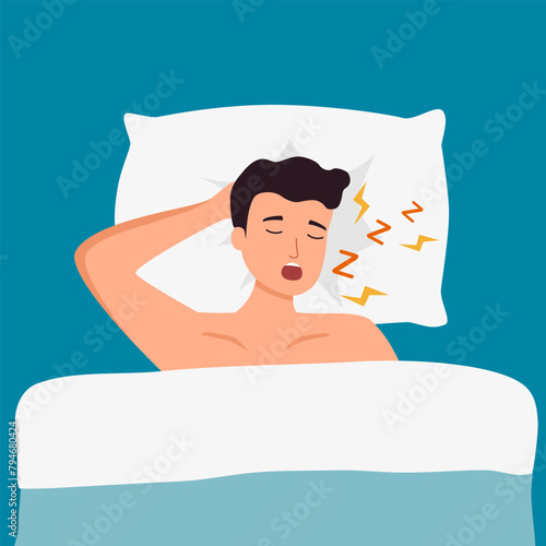 Man sleeping and snoring in flat design. Snore health problem concept vector illustration.