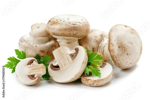 Fresh whole and sliced champignon mushrooms isolated on white background 