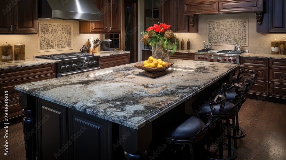 Kitchen with granite island and cherry wood cabinetry Kitchen with granite island and cherry wood cabinetry