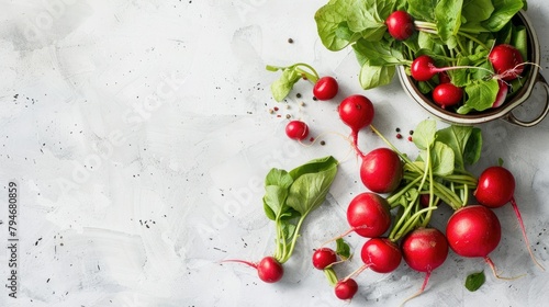 Top view of fresh radish on a white table for healthy meal preparation