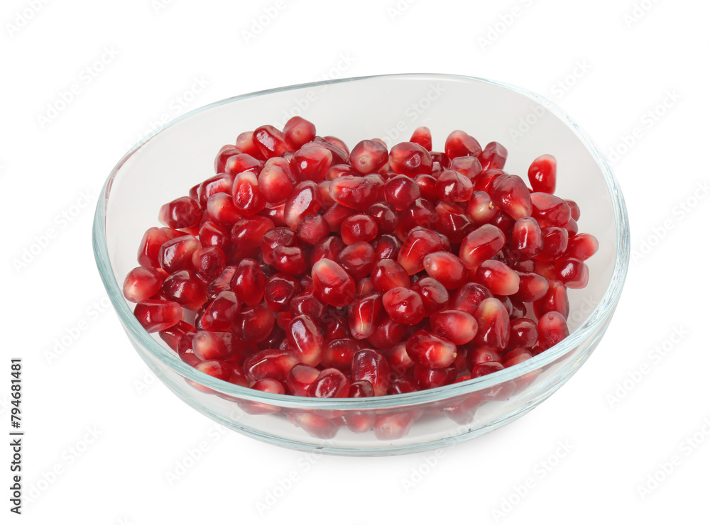Ripe juicy pomegranate grains in bowl isolated on white Ripe juicy pomegranate grains in bowl isolated on white
