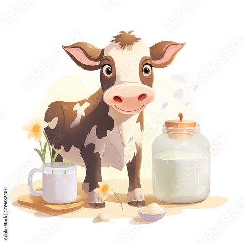 Cute cartoon cow with milk and daffodils. Vector illustration