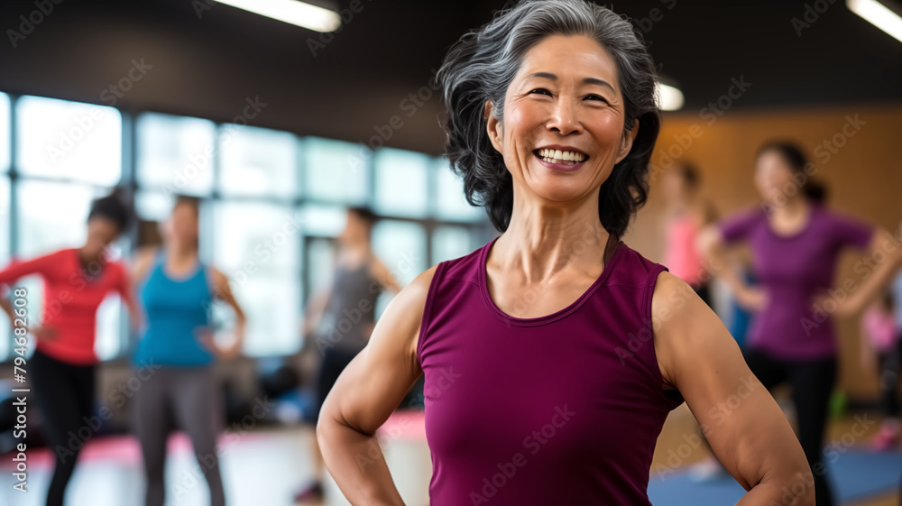Energetic senior woman with gray hair enjoys a lively group exercise class, showcasing active aging and wellness.

