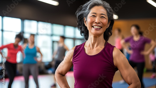 Energetic senior woman with gray hair enjoys a lively group exercise class, showcasing active aging and wellness. 