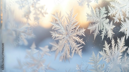 A close-up of frost on a windowpane  highlighting the intricate patterns formed by ice crystals.