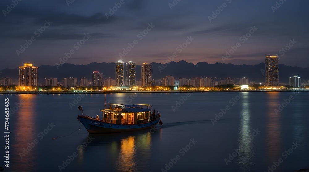 Da Nang cityscape at twilight. Fishing boat moored in port against illuminated coast with modern buildings.generative.ai 