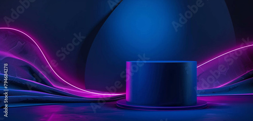 Abstract setting with a blue cylindrical pedestal and neon purple lighting. photo