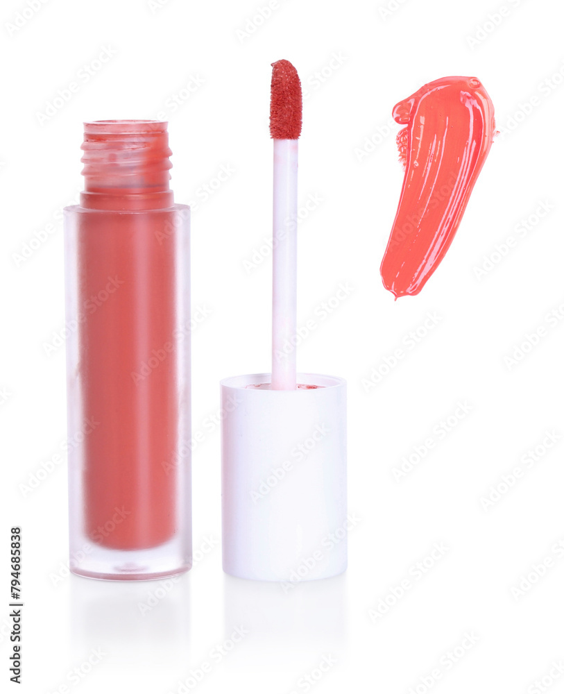 Lip gloss. Sample, bottle and wand on white background Lip gloss. Sample, bottle and wand on white background
