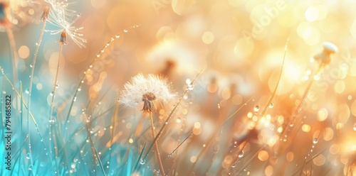 Abstract blurred background with beautiful dandelions and bokeh lights on a sunset sky