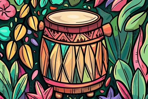 Cartoon cute doodles of a rhythmic bongo drum tapping tribal beats in a lively jungle party, Generative AI photo