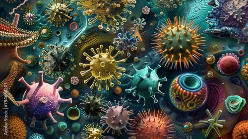 , depicting various types of viruses such as influenza, coronavirus, and HIV, each with its unique shape, color, and structure, highlighting their impact on human health and society