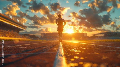 male paralympian with a prosthetic leg running on the track, in a stadium background with summer sunlight. photo