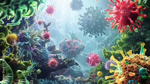 viruses infecting different organisms such as animals, plants, and bacteria, while incorporating elements of scientific imagery and data visualization to convey the complexity and beauty of virology photo