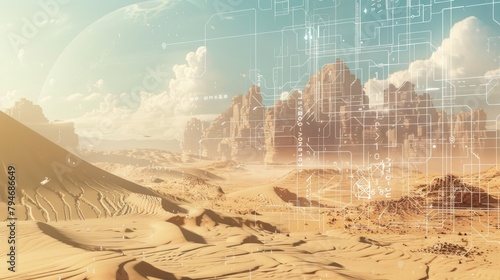 Techno desert with circuitry dunes and data mirages photo