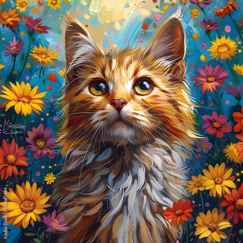 Whimsical Feline Painter Crafting a Vibrant Floral Masterpiece in Expressive Brushstrokes