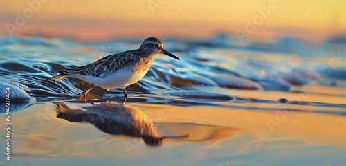 A common sandpiper darting across rippling waves, its reflection mirrored in the glistening water.  photo
