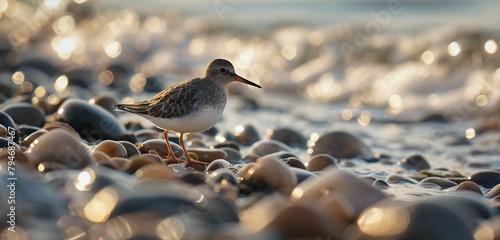 A common sandpiper delicately picking its way along the water's edge on a pebbled shore.  photo