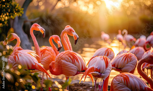 Sunset Serenade with Flamingos ,  generate AI photo