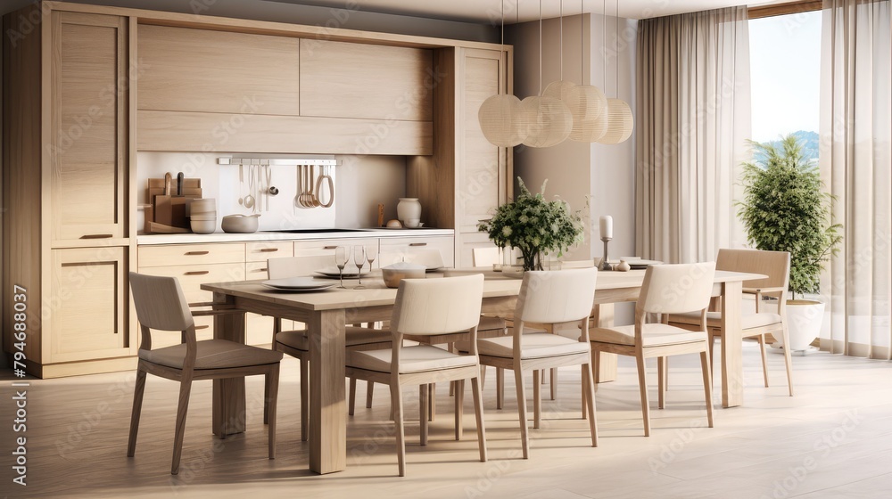 Linen, beige, light oak, Luxury home dining room and kitchen interior with natural rustic modern deisgn