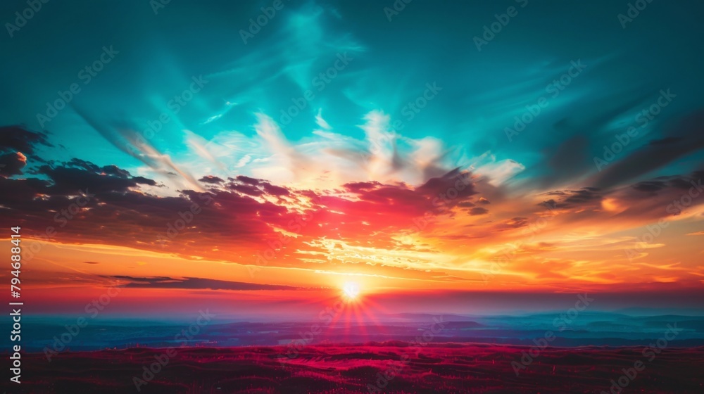 Colorful sunset with sunbeams over valley Colorful sunset with sunbeams over valley