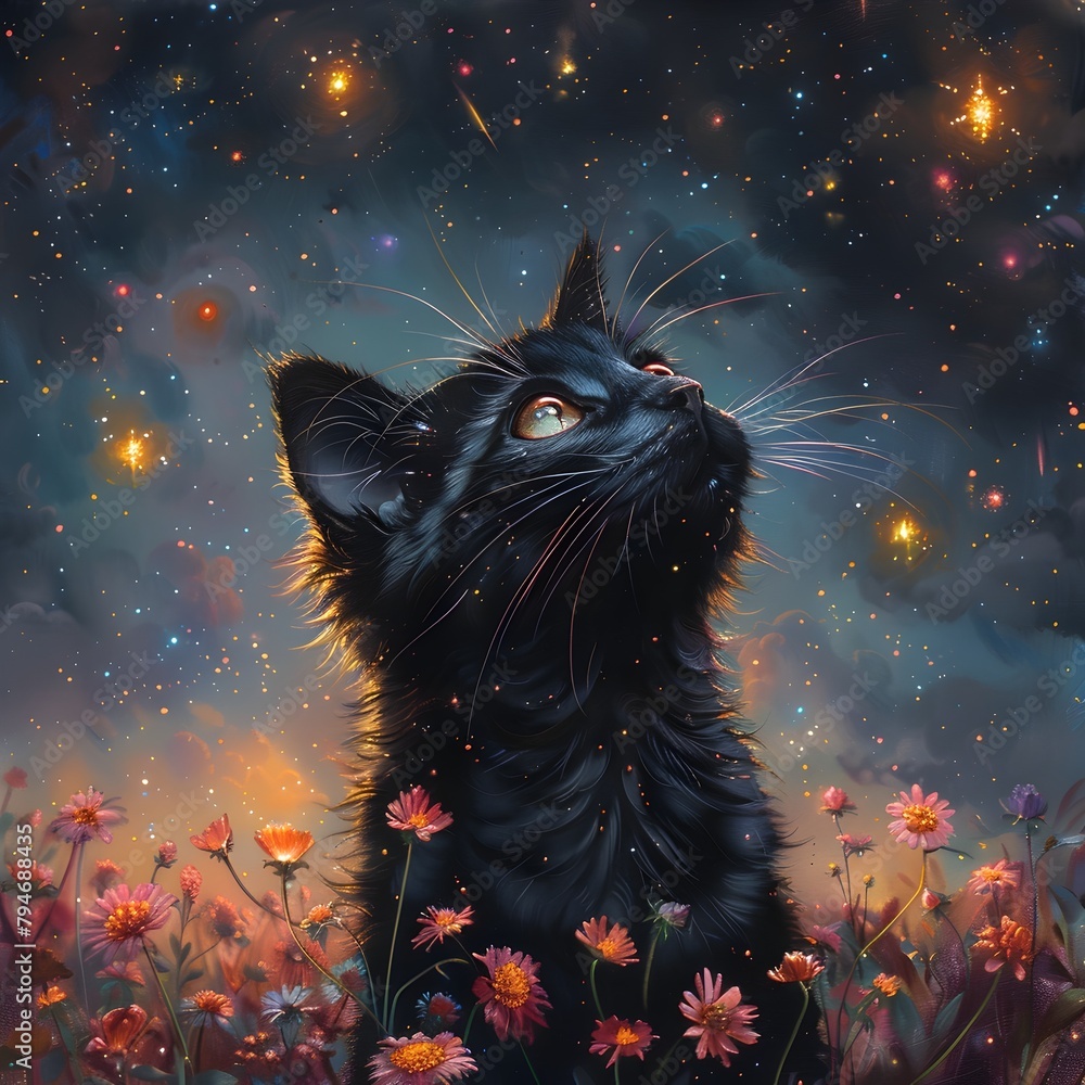Mesmerized Feline Gazing at the Celestial Wonders of a Starry Night Sky Amidst a Vibrant Flower Filled Scene