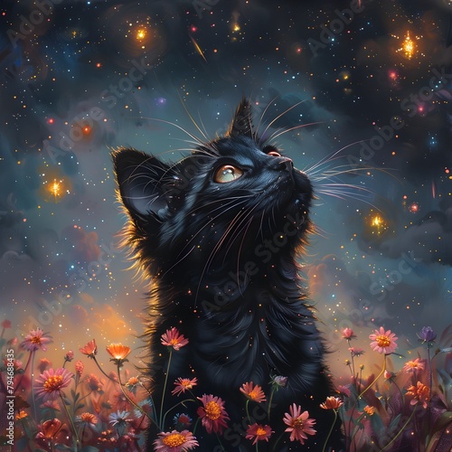 Mesmerized Feline Gazing at the Celestial Wonders of a Starry Night Sky Amidst a Vibrant Flower Filled Scene