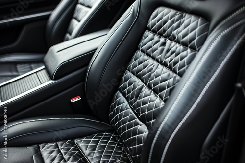Modern luxury car black leather with alcantara interior. Part of black leather car seat details with white stitching. Interior of prestige car. Perforated leather seats isolated. Perforated leather photo