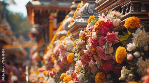 A close-up of intricate floral arrangements adorning the chariots, adding to the beauty of the Jagannath Rath Yatra celebration.