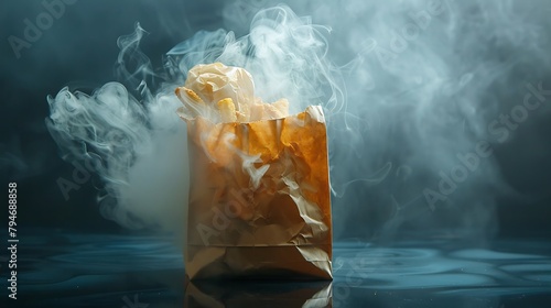 A paper bag filled with fast food, steam rising from the opening, condensation clinging to its sides photo