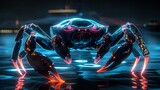 Wallpaper depicting a futuristic crab, its claws highlighted with striking neon light glows