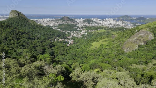 Drone flies from Parque Estadual da Fonte Grande toward the Atlantic Ocean photo