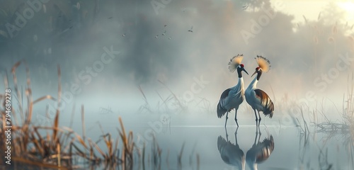 A majestic crowned crane gracefully dancing amidst tall reeds in a tranquil wetland.