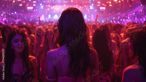 A woman stands in front of a crowd of people at a concert